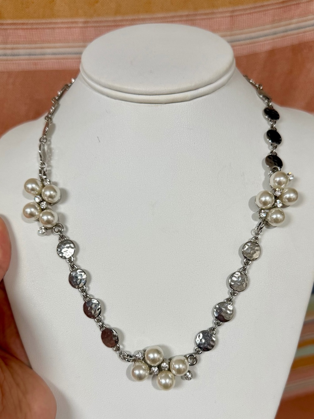 Handmade Silver & Pearl Cluster Necklace with Crystal Accents - 18”
